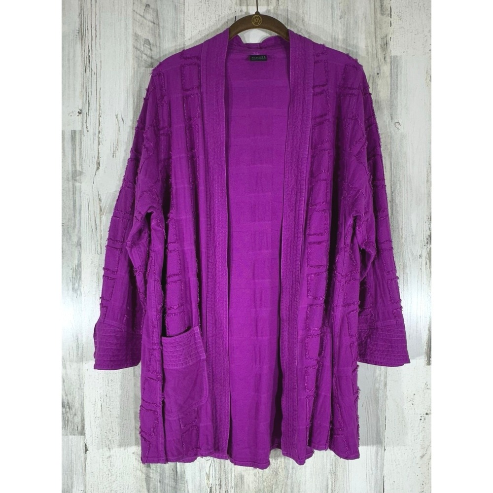 Dairi Cardigan Purple Cotton Blend Open Front Textured Pockets Lagenlook Boho